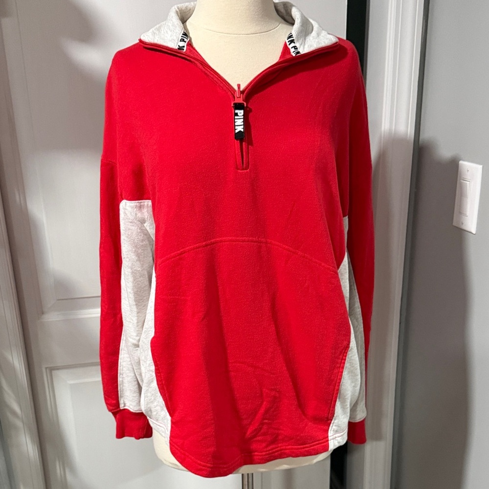 PINK Victoria's Secret Red Half-Zip Fleece Pullover with Gray Panels